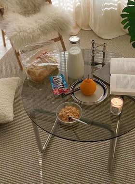 圆形钢化玻璃小茶几不锈钢支架带防滑脚垫简约客厅沙发边几小圆桌