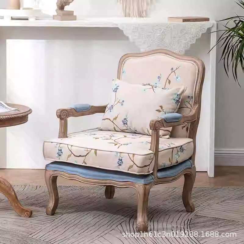 复古实木单人美式乡村沙发小户型布艺咖啡厅酒店卧室靠背沙发椅