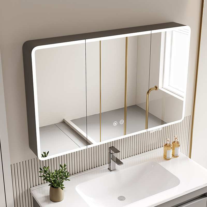 新款弧形碳纤维浴室镜柜单独卫生间挂墙式智能镜子带灯收纳一体箱