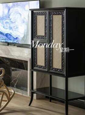 法式古典实木雕花餐边柜南洋风藤编复古玄关柜黑色靠墙展示储物柜