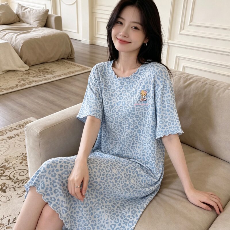 夏季薄款背心冰丝螺纹睡裙女爆款豹纹宽松舒适可外穿家居服连衣裙