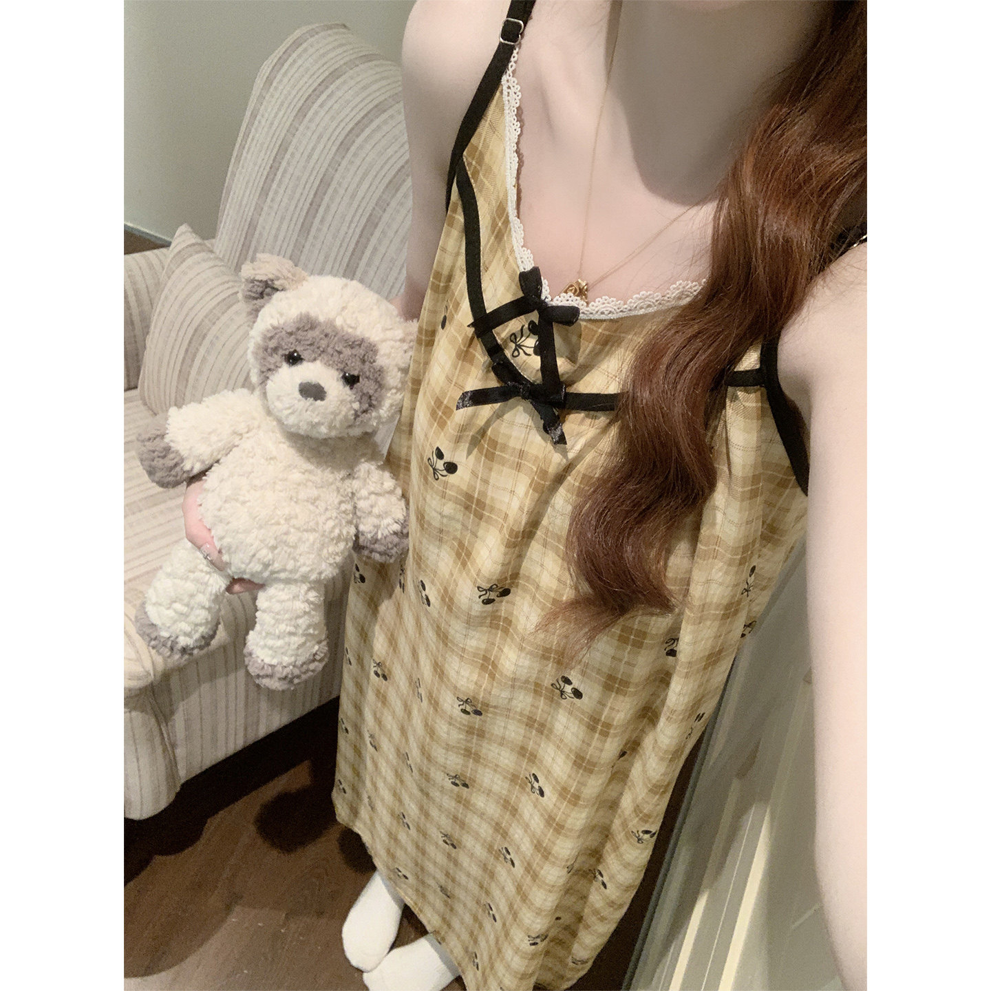 云朵棉带胸垫吊带睡裙女夏薄款宽松甜美格子蕾丝花边中长款家居服
