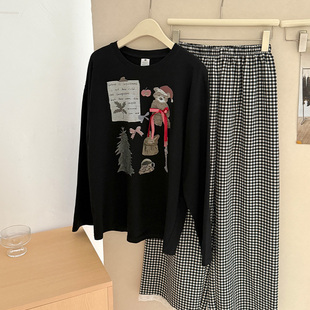 纯棉睡衣女款春秋季可爱卡通格子长裤长袖套装女士冬天全棉家居服