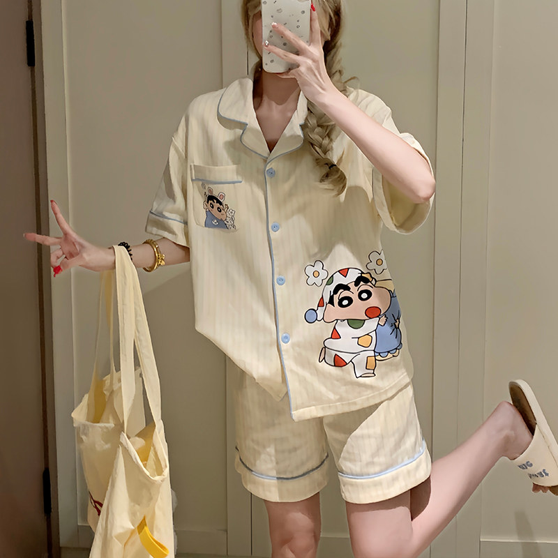 夏天2026年新款纯棉睡衣女款开衫短袖短裤凉感蜡笔小新家居服套装