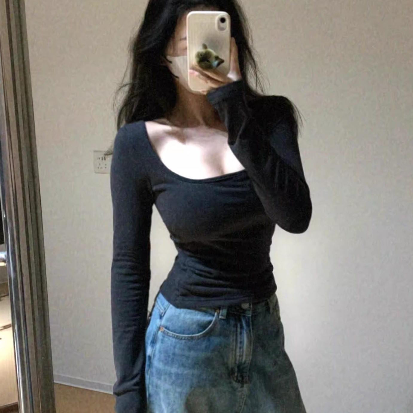 自带胸垫U领显瘦修身百搭上衣