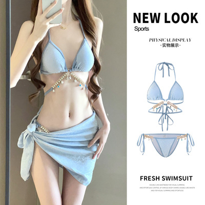 泳衣女人鱼钻链欧美纯欲风绑带三角比基尼三点式ins 性感度假泳装