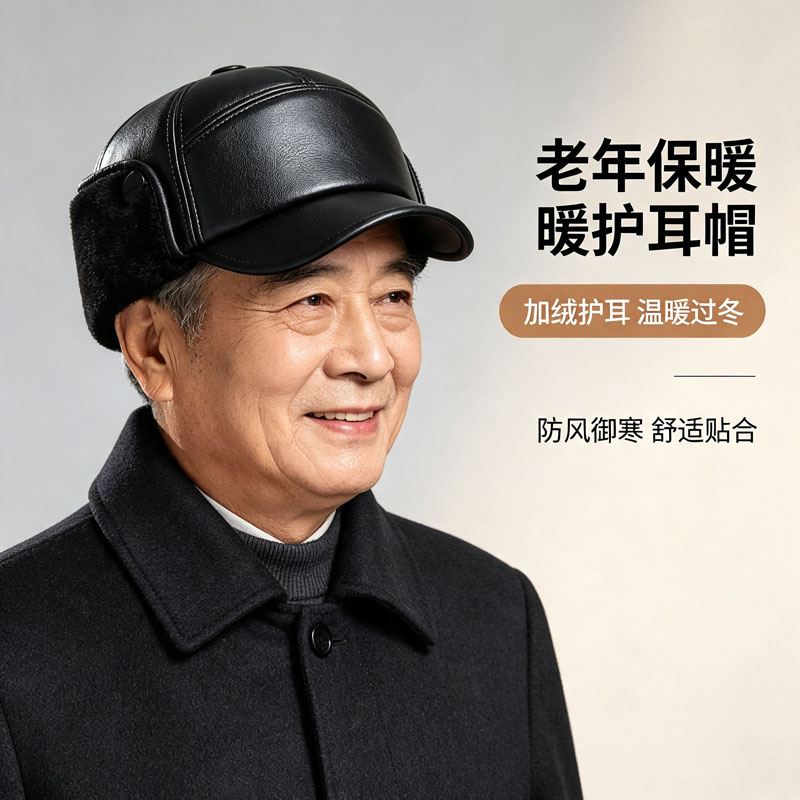 防寒中老年人帽子鸭舌帽爸爸加绒男士加厚皮帽保暖护耳老头冬季