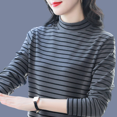 冬季新款2025半高领打底衫大码宽松条纹长袖t恤女士秋衣保暖上衣