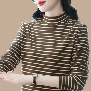 打底衫女装2025新款秋冬条纹薄绒半高领大码宽松长袖t恤内搭上衣