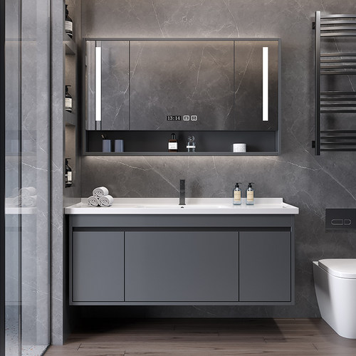 实木浴室柜陶瓷一体盆智能镜柜现代简约卫生间洗脸盆洗手盆柜组合