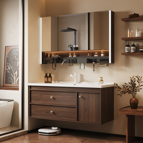 中古风浴室柜陶瓷一体盆实木智能洗漱台胡桃木洗手盆洗脸盆柜组合