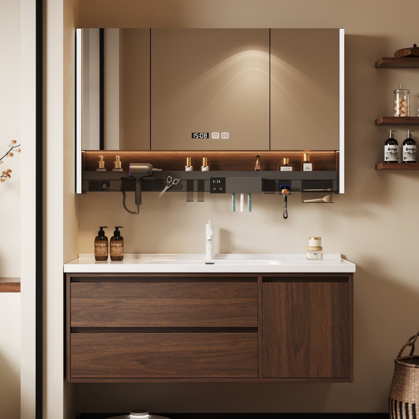 浴室柜陶瓷一体盆智能洗漱台胡桃色洗手池台盆洗脸盆柜组合挂墙式,家装主材,浴室柜组合,淘宝优惠券,粉丝福利购,淘宝优惠卷