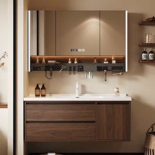 浴室柜陶瓷一体盆智能洗漱台胡桃色洗手池台盆洗脸盆柜组合挂墙式