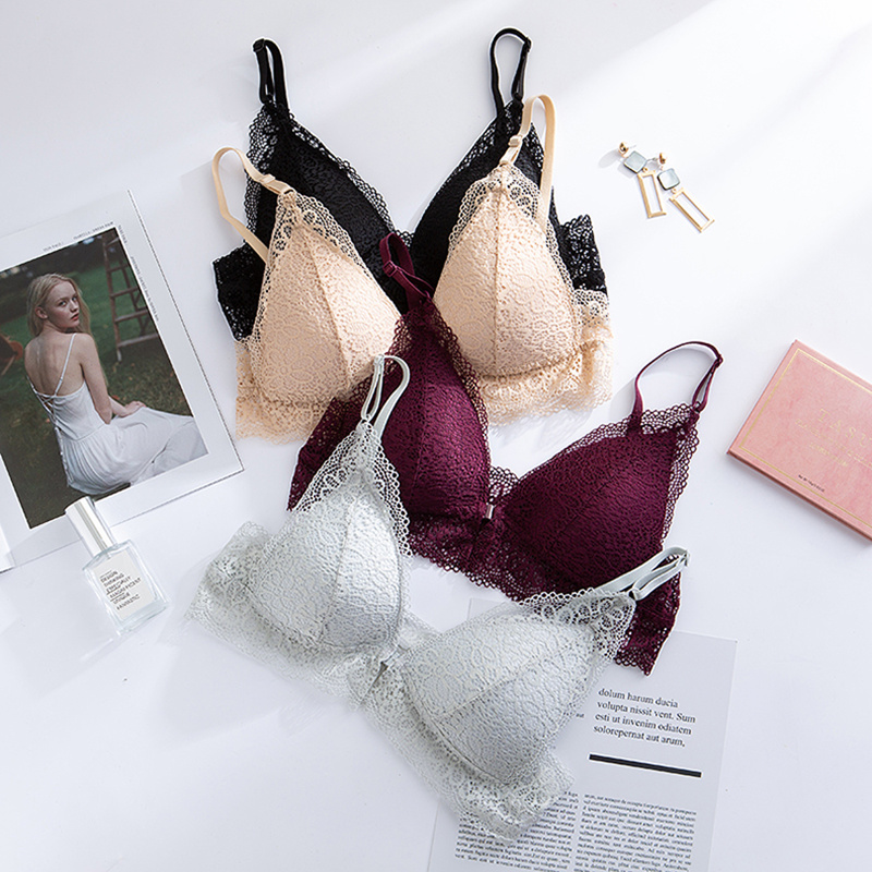 美背前扣蕾丝少女三角杯文胸套装