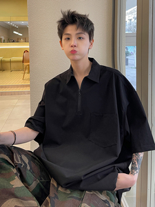 @港仔文艺男 美式vintage半拉链polo衫男夏季痞帅工装翻领短袖t恤