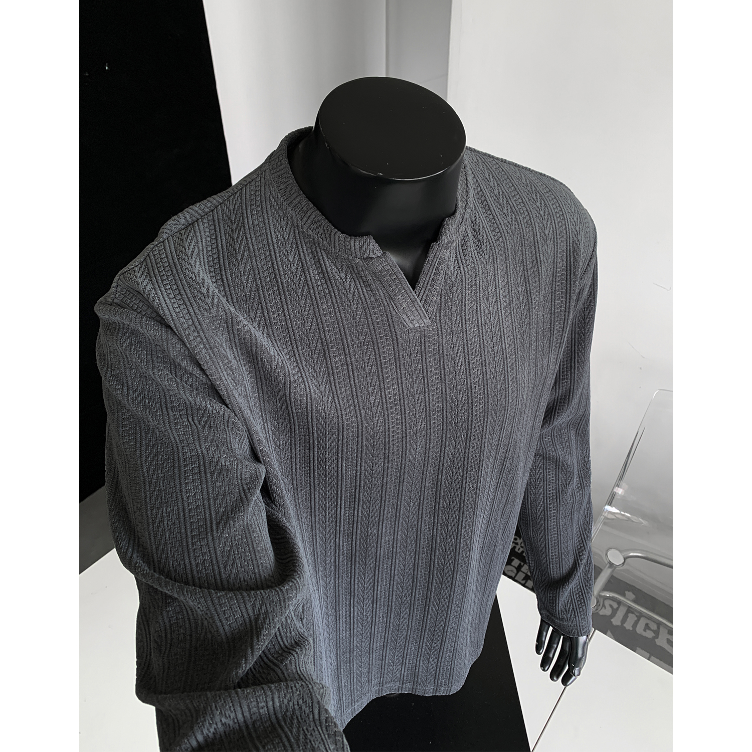秋冬打底t恤内搭美式深灰色v领卫衣男麦穗条纹提花时尚百搭1013k