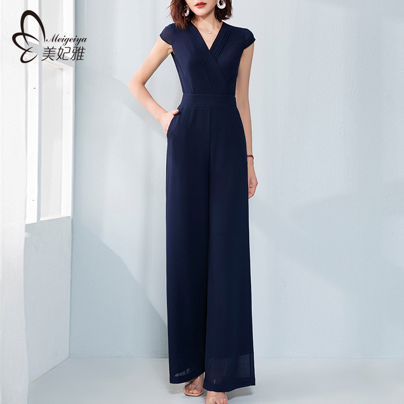 美妃雅V领连体裤女夏2025年新款高腰雪纺阔腿套装气质连身连衣裤