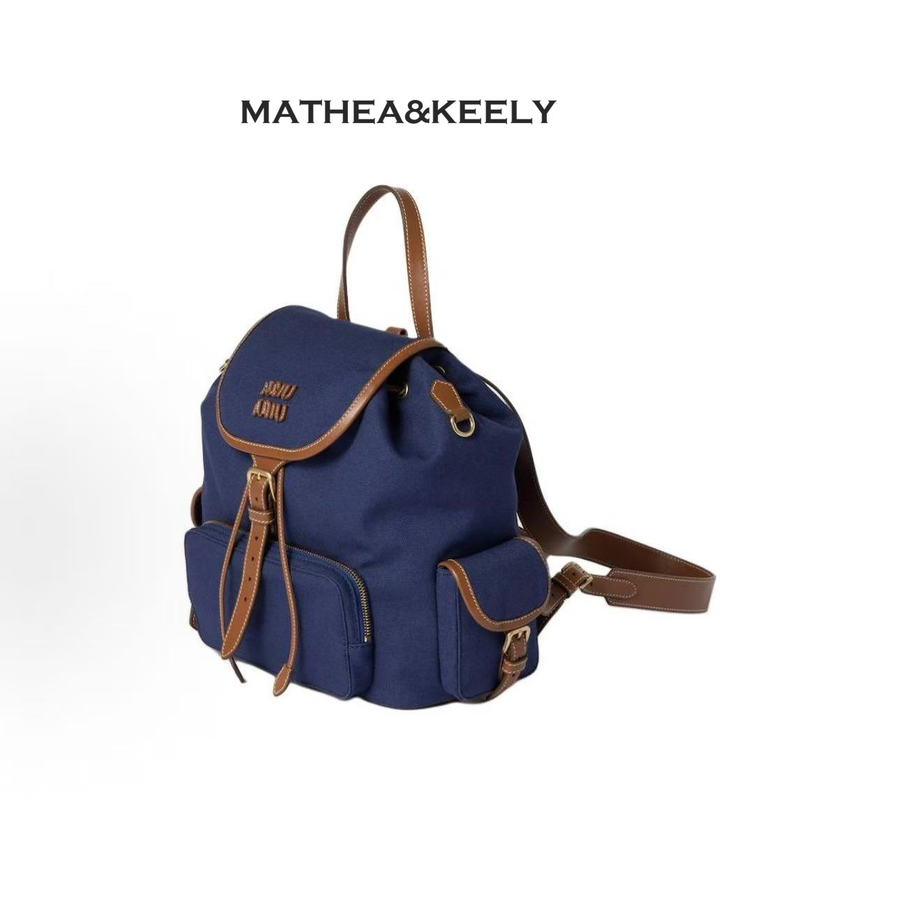 miu系  矢车菊蓝色双肩包中号 边复古翻盖大容量帆布包