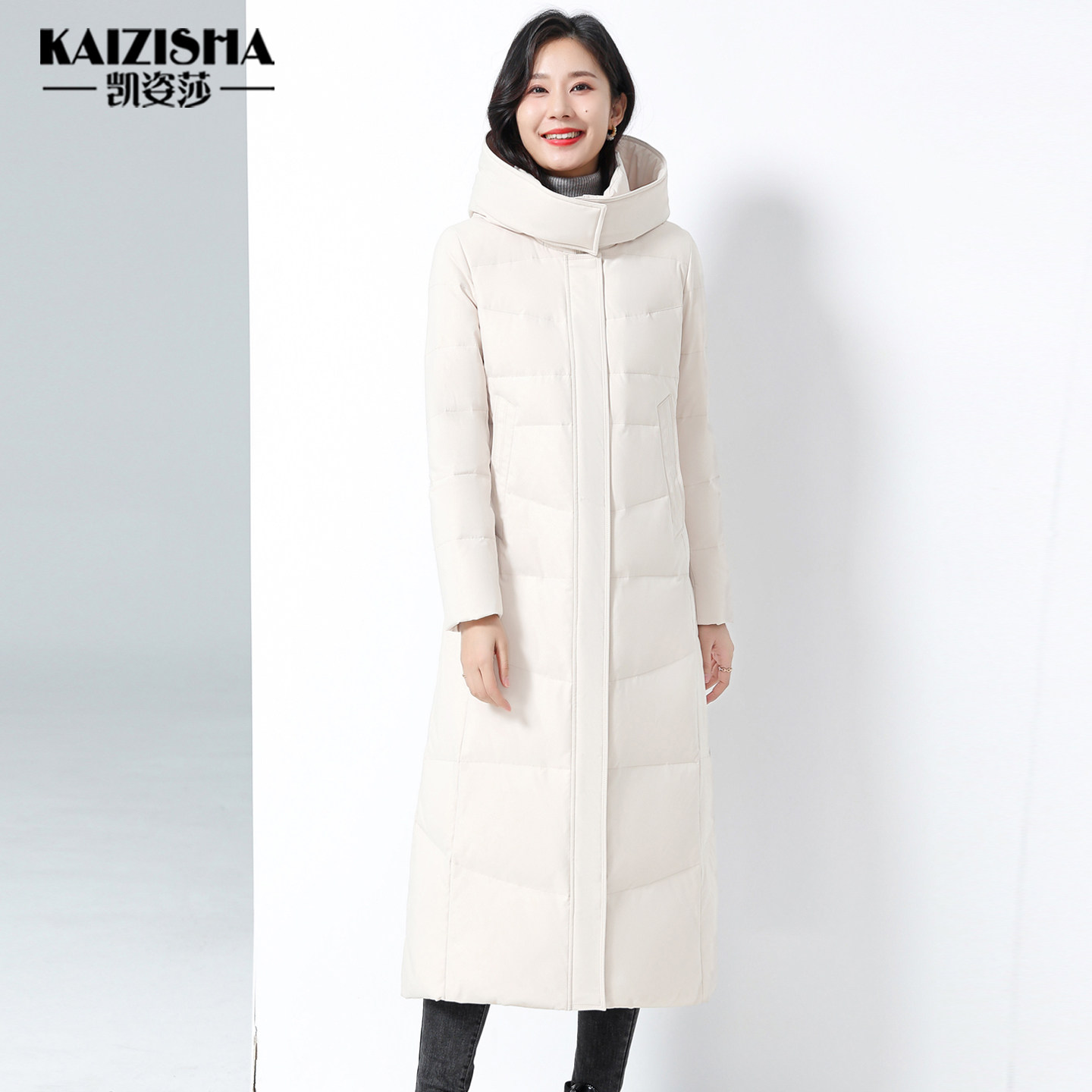凯姿莎2025冬季女式长款羽绒服修身版鸭绒保暖外套纯色可拆卸帽