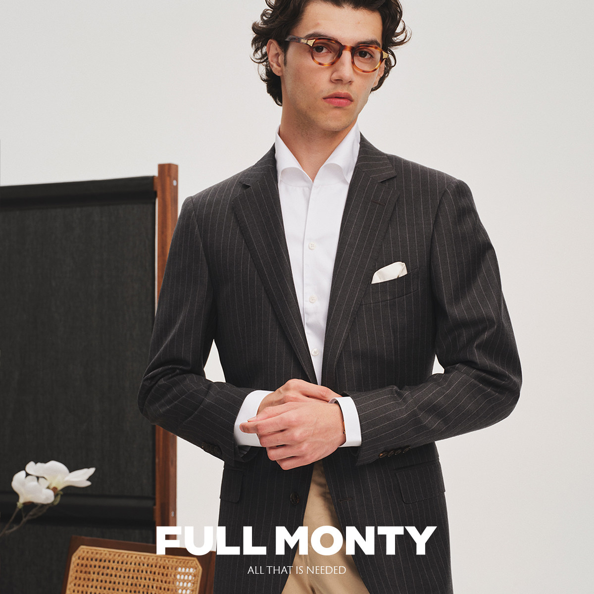 FULL MONTY纯羊毛休闲西装外套灰色条纹西服上衣春秋新郎婚礼单西