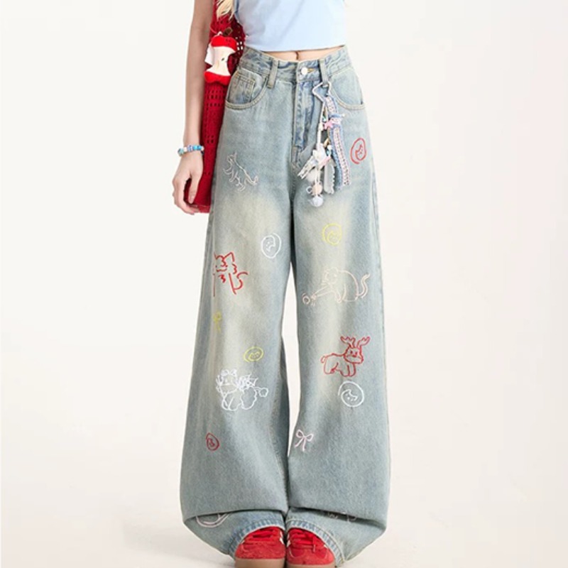 刺绣牛仔高腰宽松显瘦阔腿拖地裤