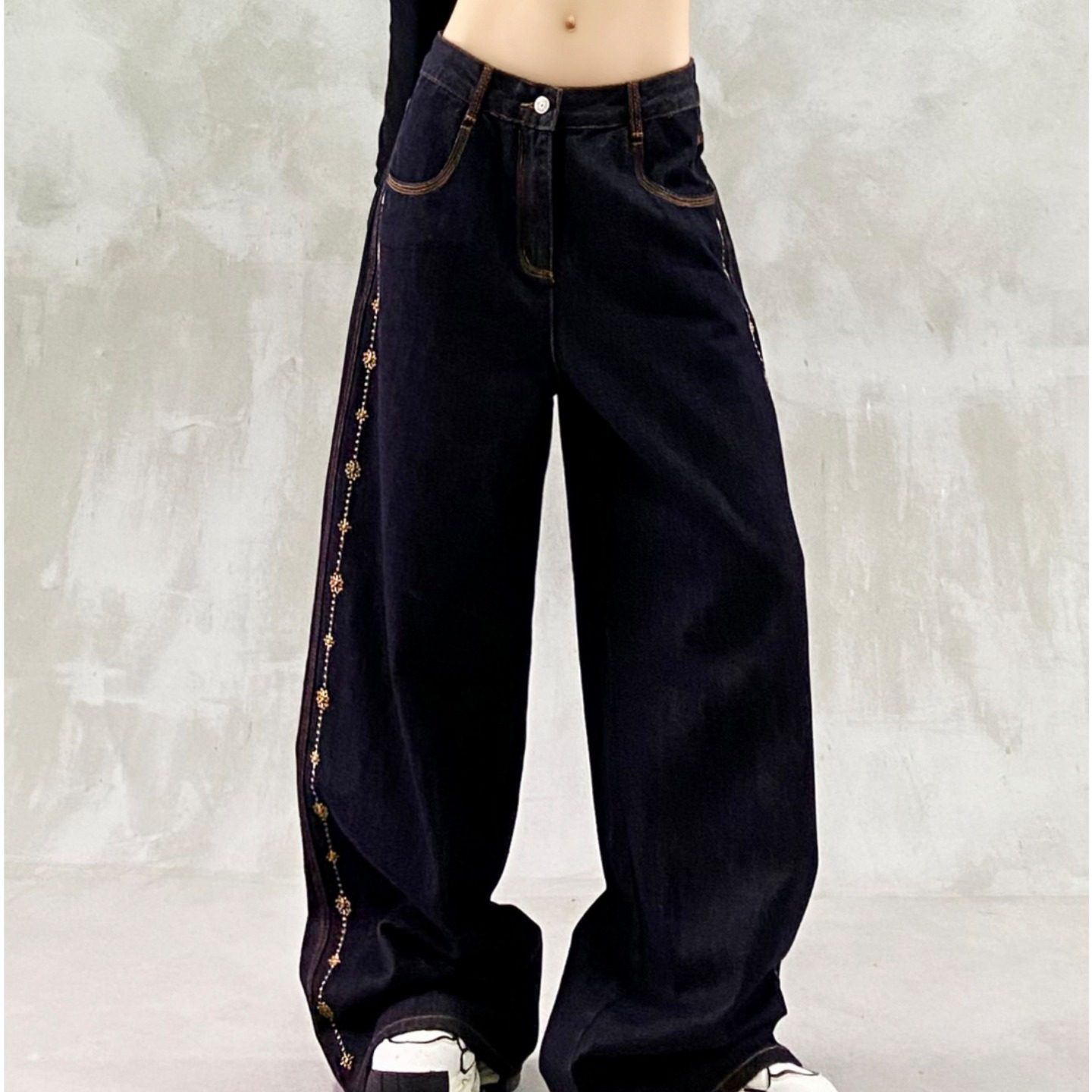 拼接撞色口袋贴布设计感春秋季牛仔裤女高腰百搭休闲直筒阔腿裤潮,女装/女士精品,牛仔裤,淘宝优惠券,粉丝福利购,淘宝优惠卷