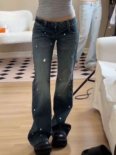 美式辣妹低腰微喇叭牛仔裤女夏修身弹力显瘦设计感钻石高街直筒裤