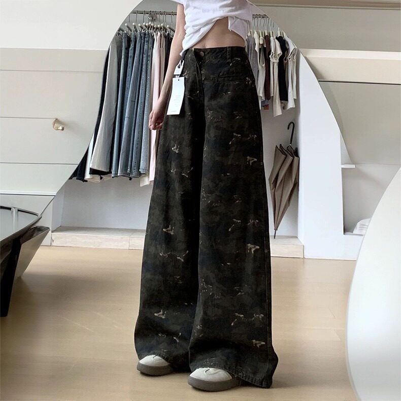 美式迷彩工装阔腿牛仔裤女2026春夏季新款高腰宽松直筒百搭休闲裤