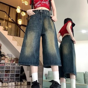 美式高街复古阔腿七分牛仔中裤女夏季薄款高腰显瘦宽松直筒短裤子