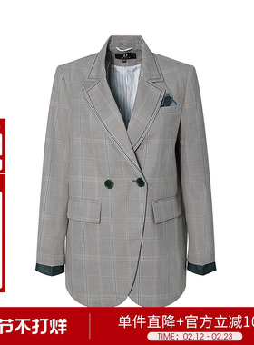 职场通勤双排扣西装外套女秋季格纹休闲西服正装2D3W51229