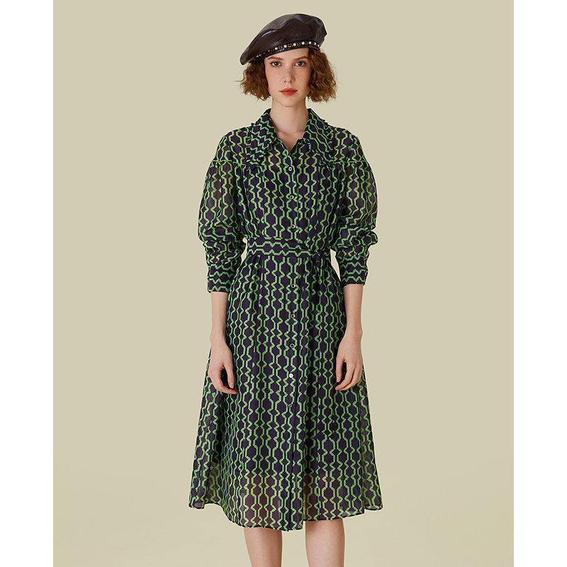 D佳美学馆时尚独特绿色几何印花连衣裙两件套女法式复古精致裙子