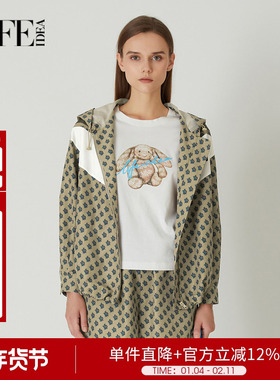 莱芙艾迪儿拼接印花休闲外套女松紧抽绳宽松连帽上衣1E1W53183