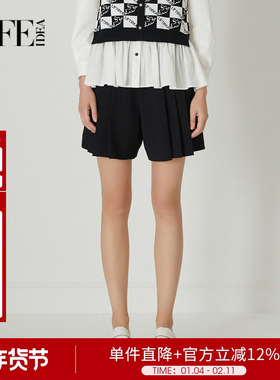 莱芙艾迪儿宽松高腰短裤复古时髦黑色裤子直筒休闲裤1E1K72141