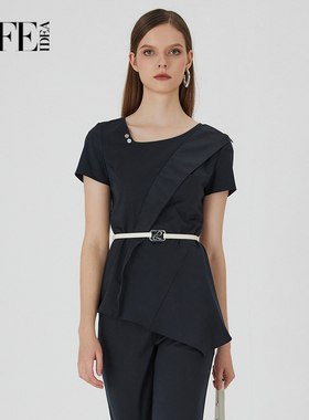 莱芙艾迪儿拼接荷叶边法式上衣女夏不规则斜领通勤风1E2S23068