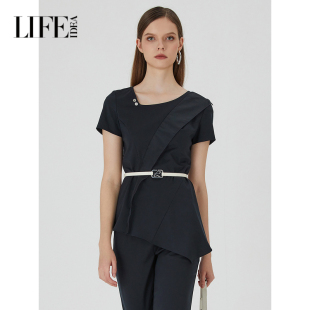 莱芙艾迪儿拼接荷叶边法式 上衣女夏不规则斜领通勤风1E2S23068