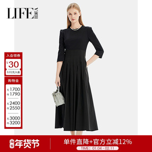 莱芙艾迪儿时尚赫本风优雅气质拼接连衣裙女收腰显瘦经典连衣裙