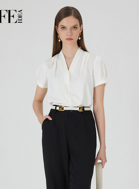 莱芙艾迪儿简约白色衬衫短袖夏季气质V领法式上衣1E2S25132