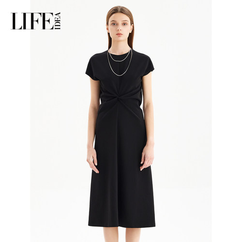 莱芙艾迪儿时尚优雅气质小黑裙女夏季捏褶收腰显瘦简约休闲连衣裙