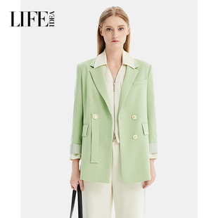 嫩绿OL中长外套 外套女秋冬新款 莱芙艾迪儿时尚 设计感双排扣西装