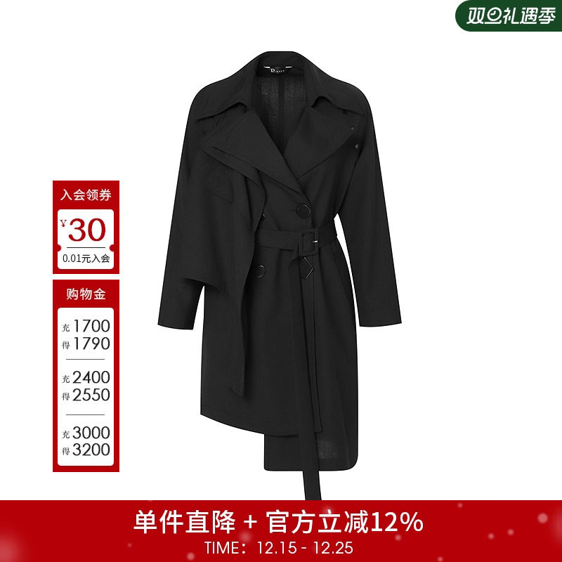 艺术风情不对称设计大翻领中长款黑色风衣外套2D3W64166