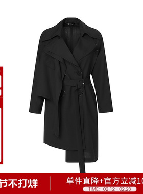 艺术风情不对称设计大翻领中长款黑色风衣外套2D3W64166