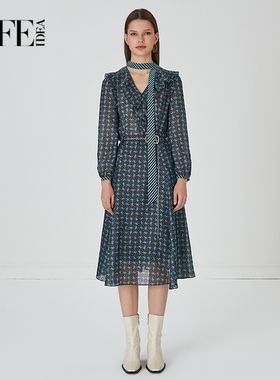 莱芙艾迪儿浪漫荷叶边法式连衣裙秋季印花气质裙子1E3L94014