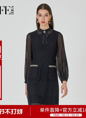莱芙艾迪儿轻熟小众黑色连衣裙秋季朦胧透肤小黑裙1E3L94170