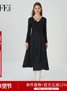 莱芙艾迪儿高腰背带裙遮肉显瘦文艺黑色百褶裙半身裙1E3Q83145
