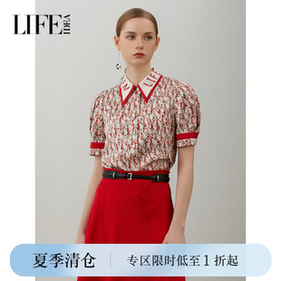 莱芙艾迪儿夏季新款品牌女装潮流时尚字母印花衬衫短袖上衣设计感