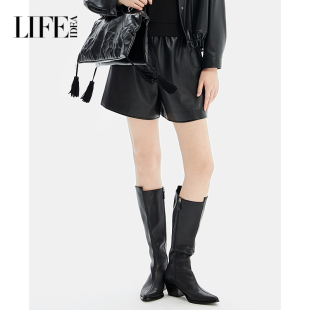 高腰直筒百搭短裤 莱芙艾迪儿时尚 女秋冬新款 甜酷风皮裤 经典