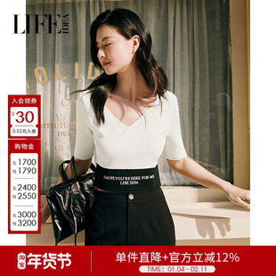 莱芙艾迪儿时尚拼接V领简约休闲针织衫女简约运动风修身显瘦上衣