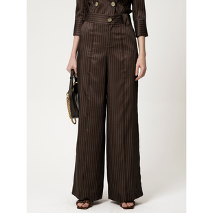 休闲裤 D佳美学馆多彩茶棕条纹理洒脱摩登阔腿裤 女职场通勤时尚