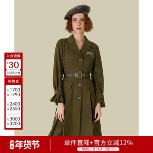 秋季休闲简约条纹百褶连衣裙女职场通勤干练气质长袖连衣裙