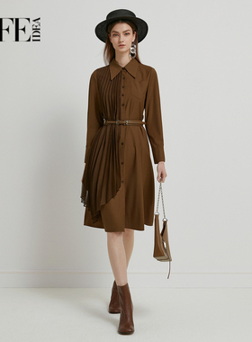 莱芙艾迪儿长袖气质连衣裙不对称网纱拼接衬衫裙3V1L94300